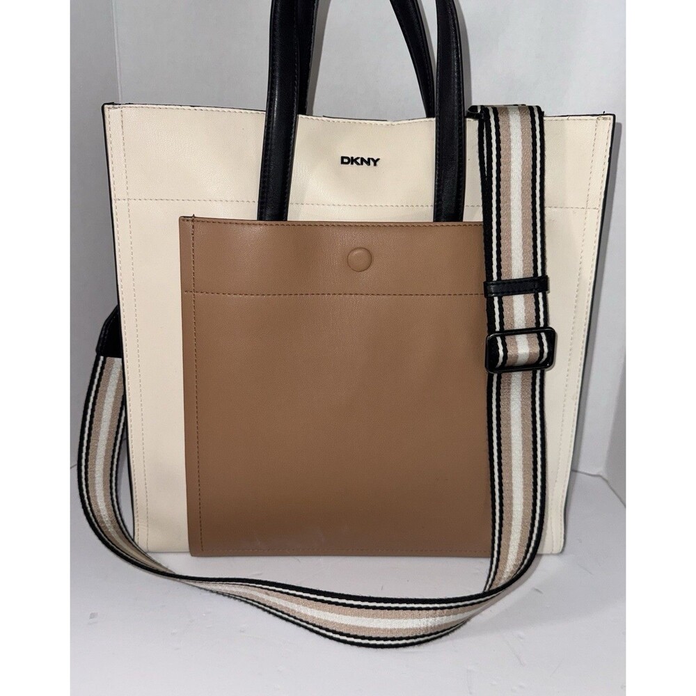 DKNY Crawford Large Convertible Tote Ivory Cashew Black Color Block $145 MSRP